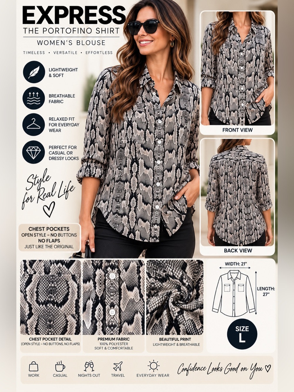 Express Portofino womens L snake animal print long sleeve button up blouse